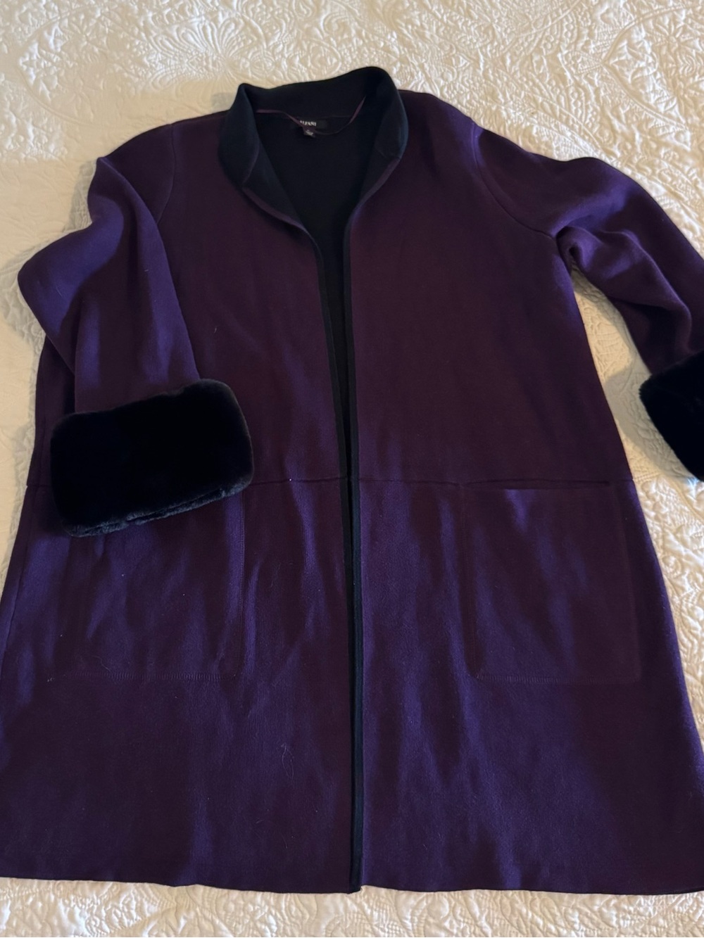 Alfani Women’s 0X Purple Long Cardigan Jacket Faux Fur Cuffs Pockets
